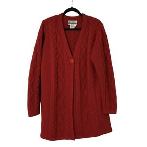 Vintage Aran Crafts Merino Wool Berry Pink Chunky Cable Knit Cardigan Sweater L